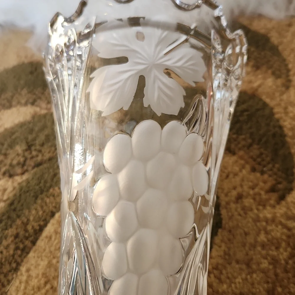 Vintage Cut Crystal Vase Etched with Grapes And Leaves Has Sawtooth Edge